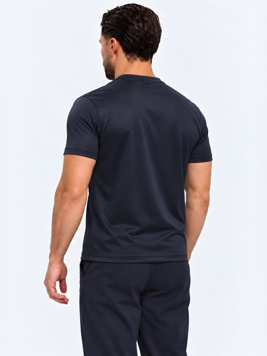 Navy glanzend T-shirt van polyester, achteraanzicht