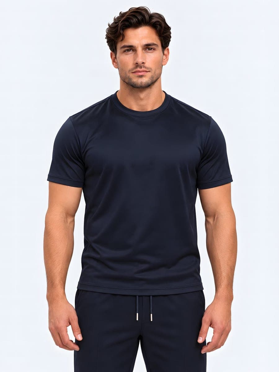 Navy glanzend T-shirt van polyester, vooraanzicht