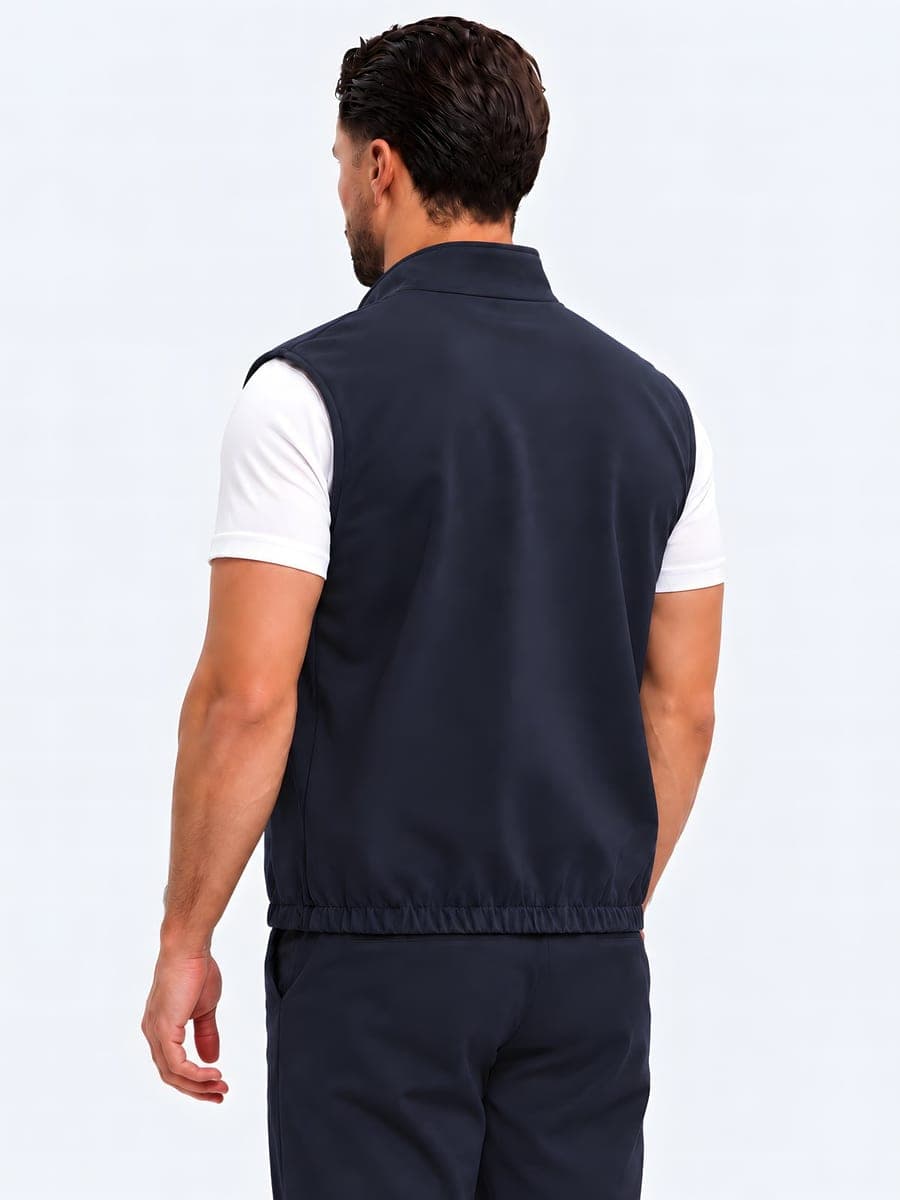 Polyester bodywarmer with a two-way zip in navy, back view