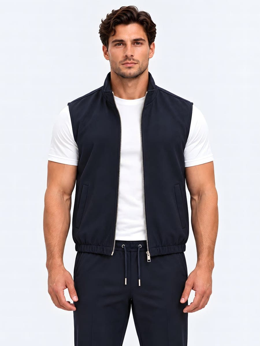 Navy polyester bodywarmer met tweewegrits, vooraanzicht