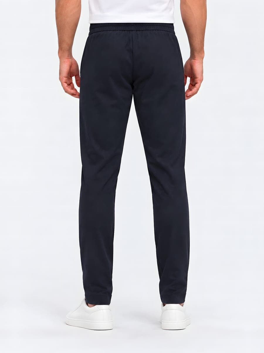 Polyester straight leg drawstring trousers in navy, back view