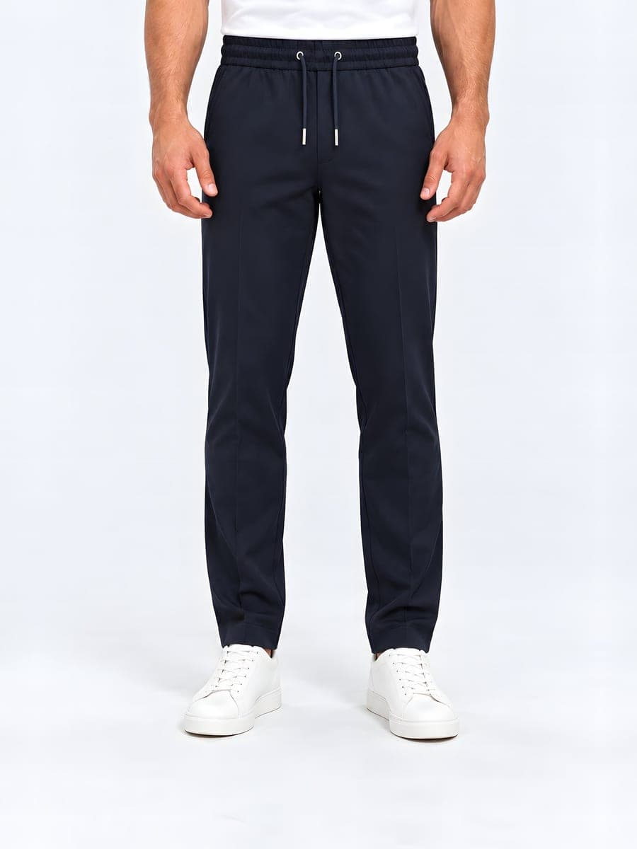Navy polyester broek met trekkoord en rechte pijp, vooraanzicht