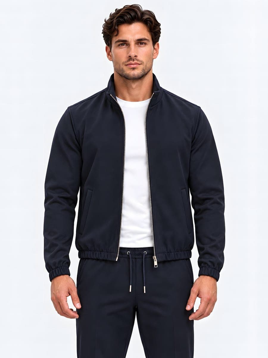 Navy polyester jack met tweewegrits, vooraanzicht