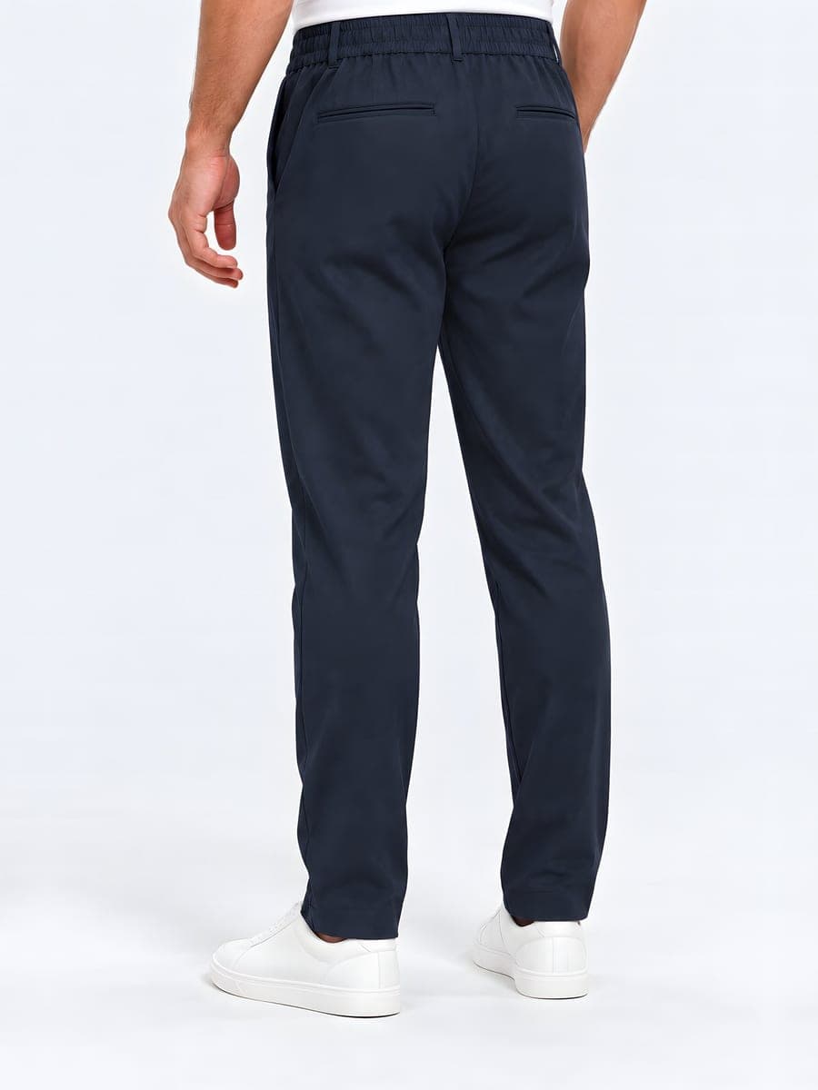 Navy tapered broek met trekkoord, achteraanzicht