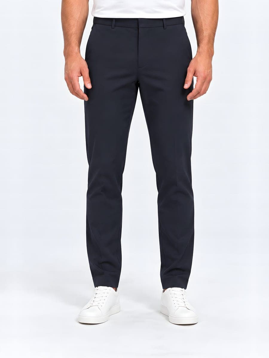 Navy tapered pantalon, mat, vooraanzicht