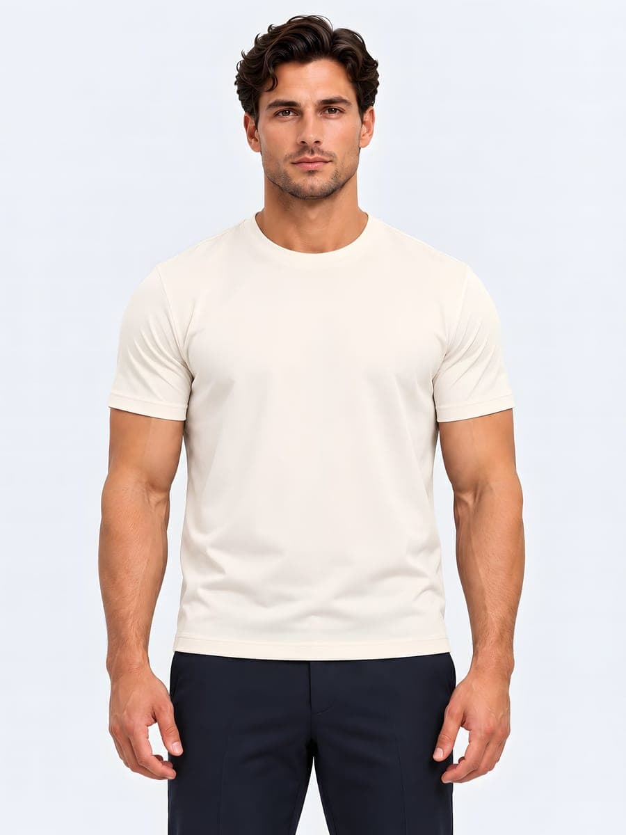 Off white glanzend T-shirt van polyester, vooraanzicht