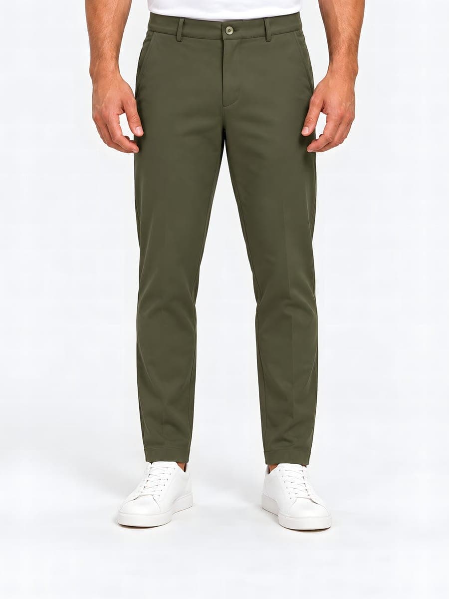 Olijfgroene gladde pantalon met rechte pijp, vooraanzicht
