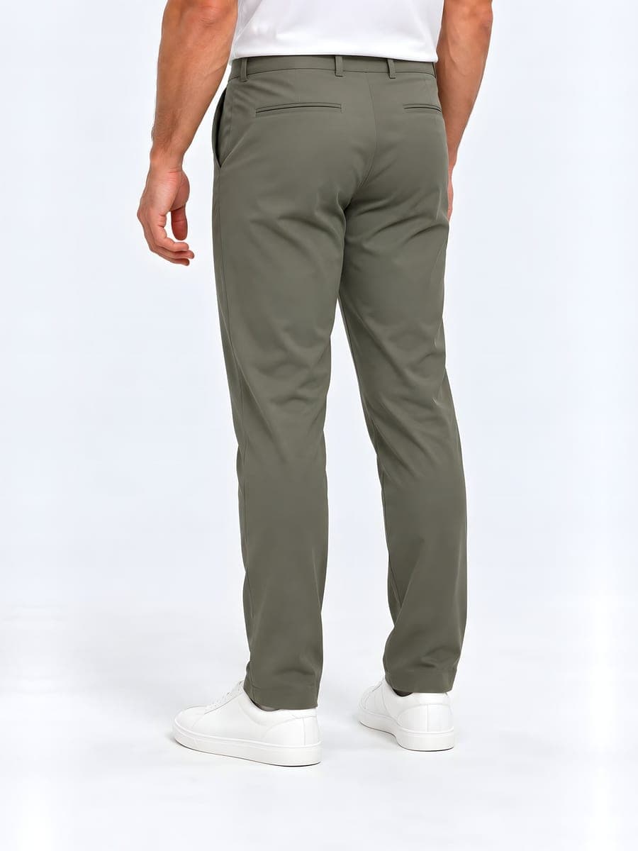 Olijfgroene slim fit pantalon met persvouw, achteraanzicht