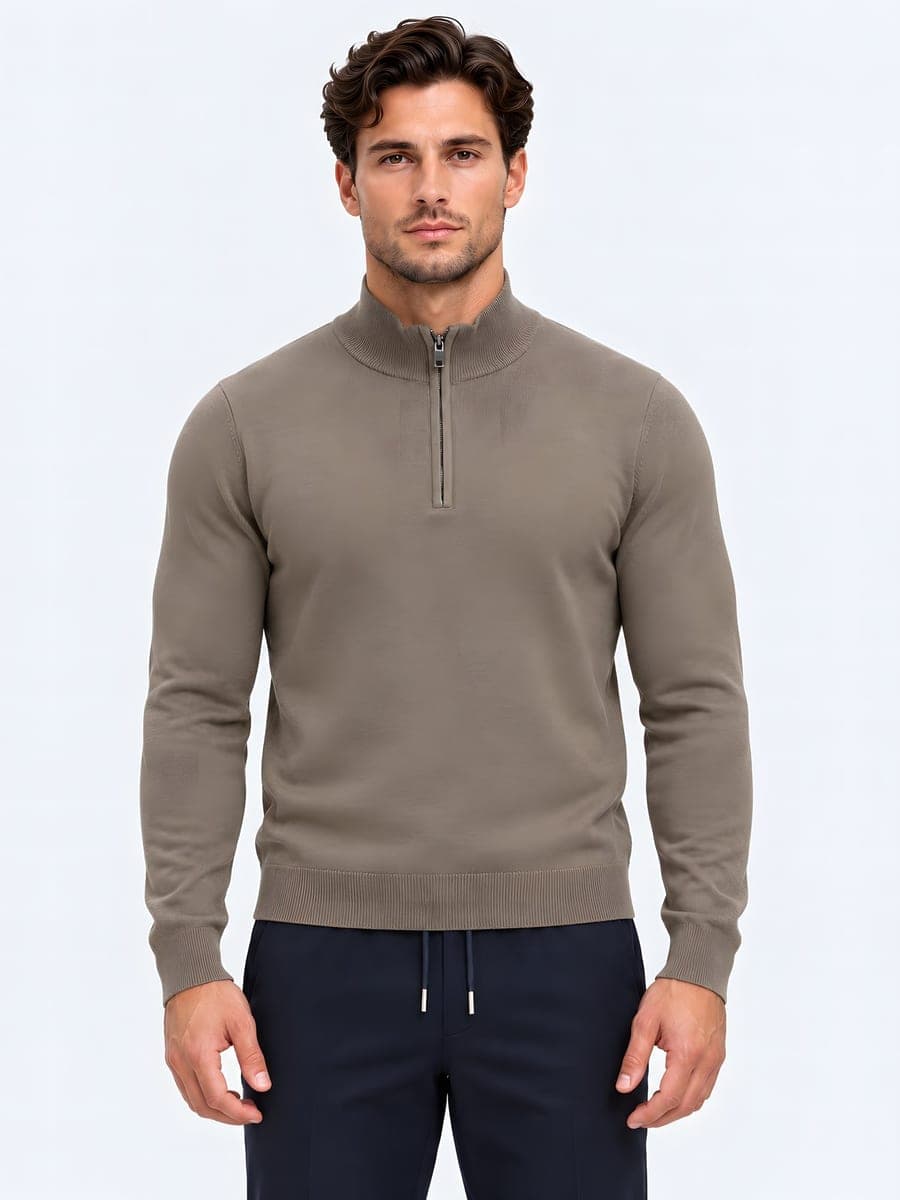 Knitted half zip sweater in taupe, front view