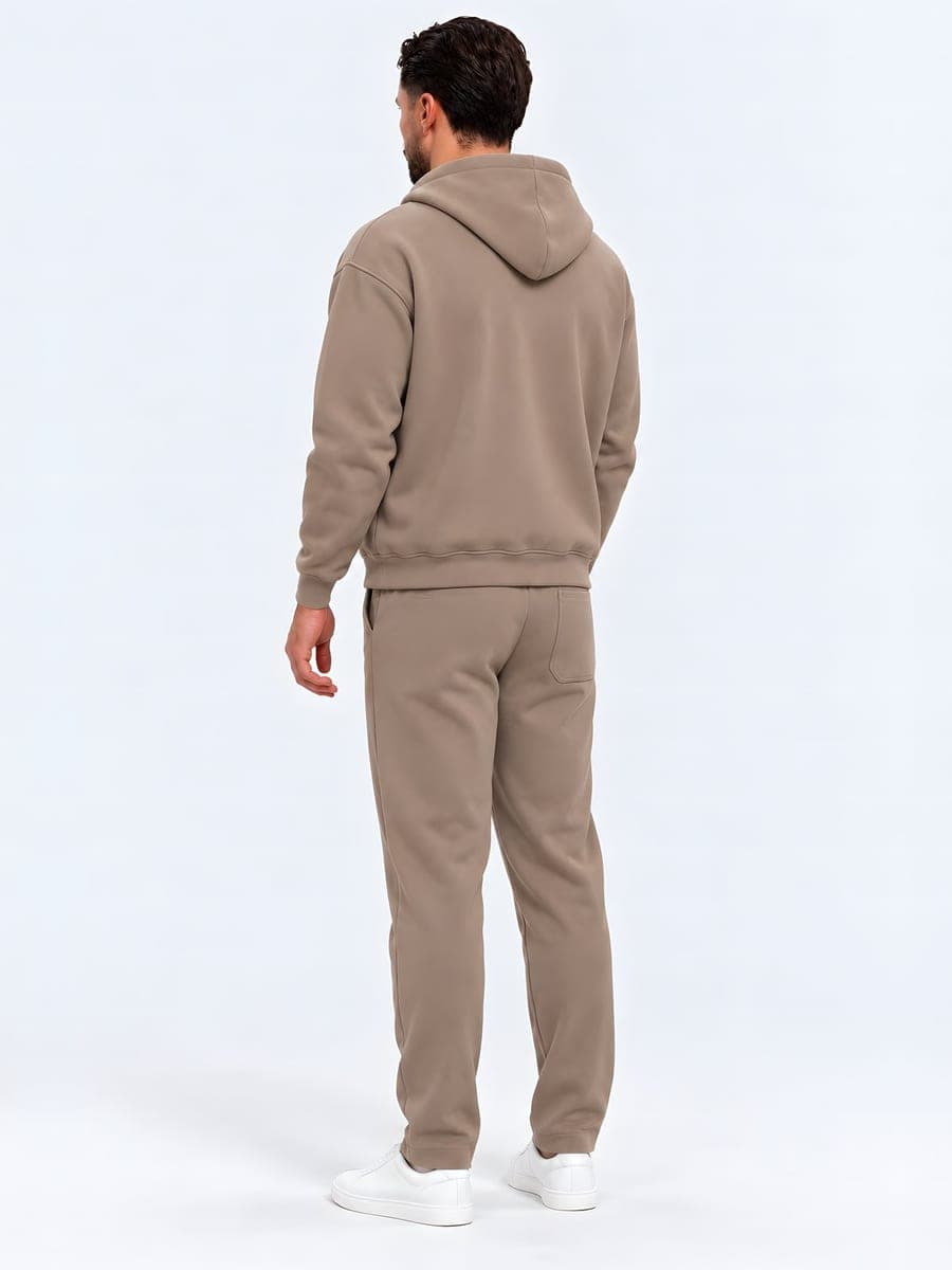 Taupe oversized zip-hoodie-set, achteraanzicht