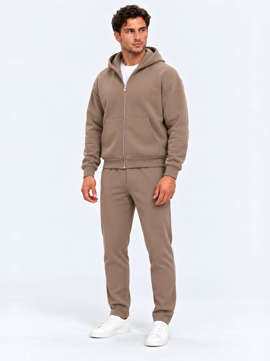 Oversized zip hoodie set in taupe, angled front view