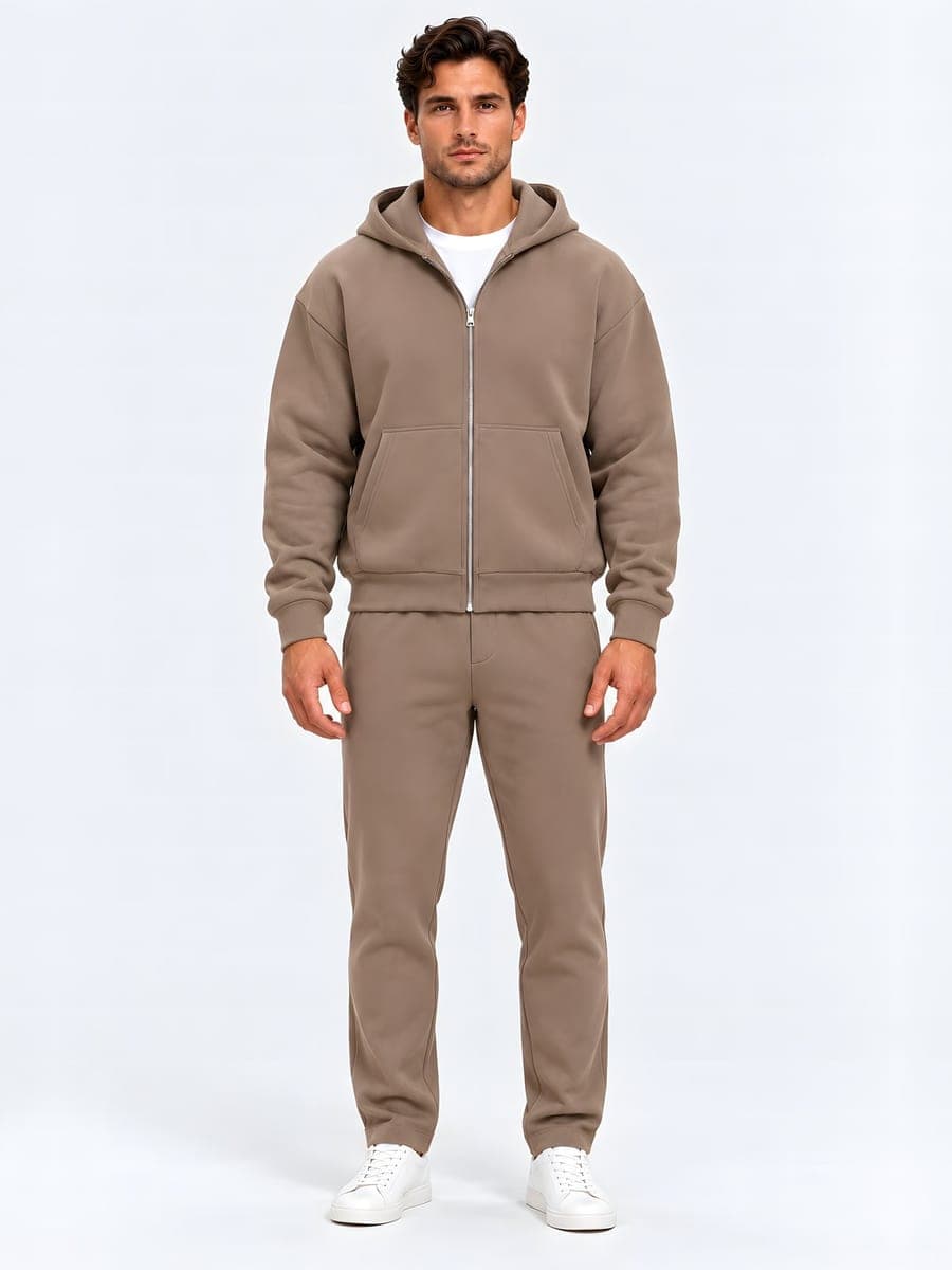 Taupe oversized zip-hoodie-set, vooraanzicht