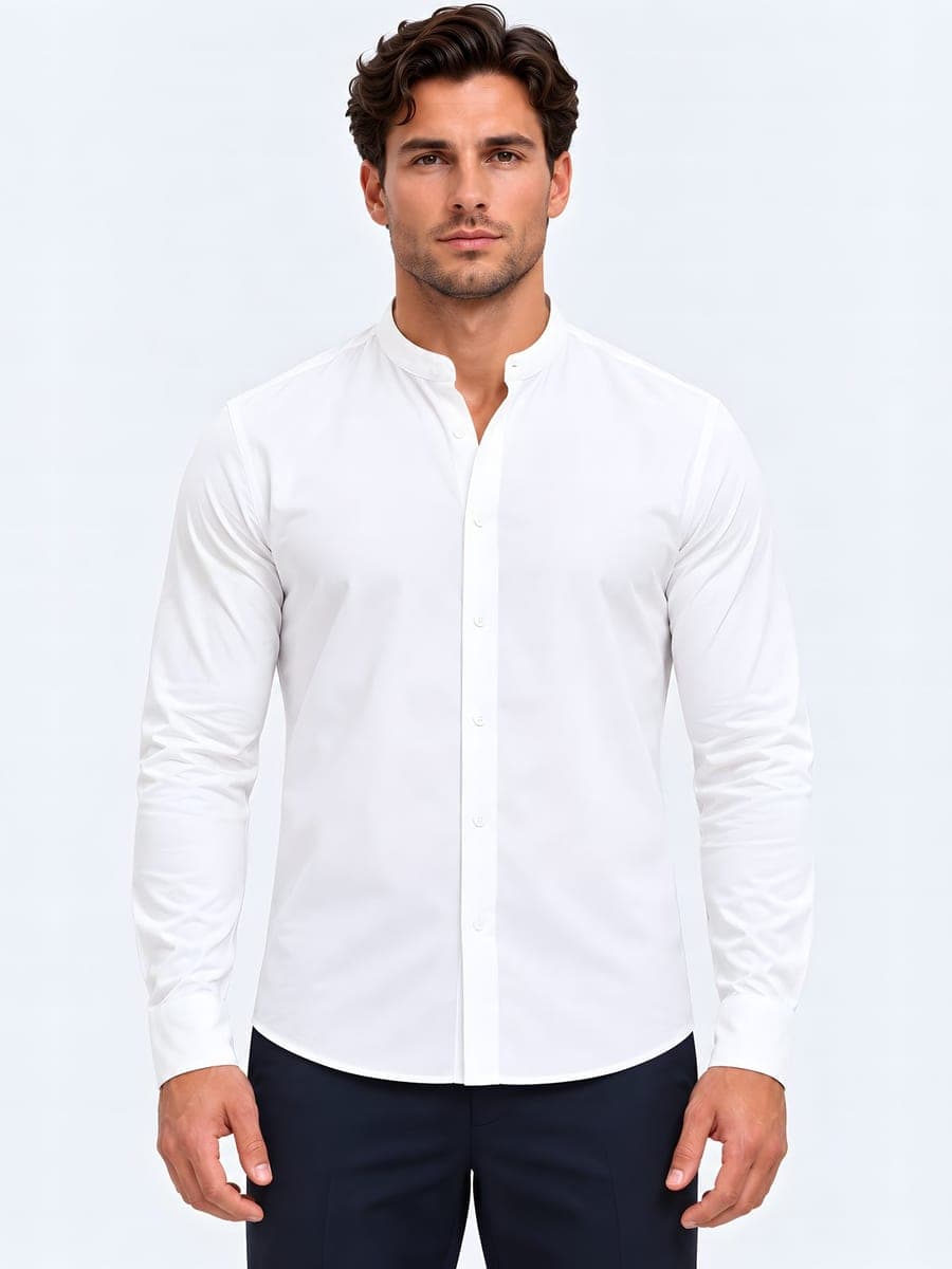 Cotton stand collar shirt, long sleeve in white, front view
