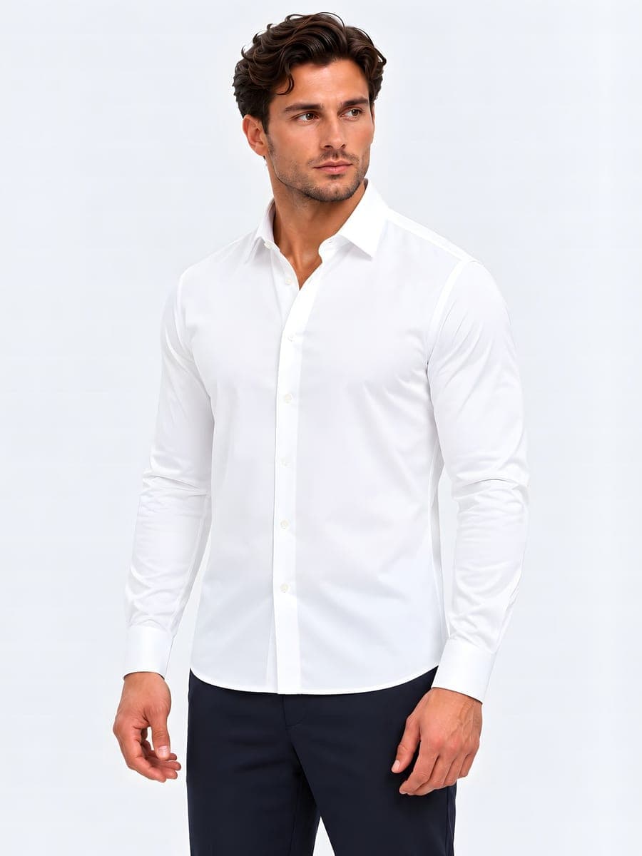 Shirt with a classic collar in white, angled front view