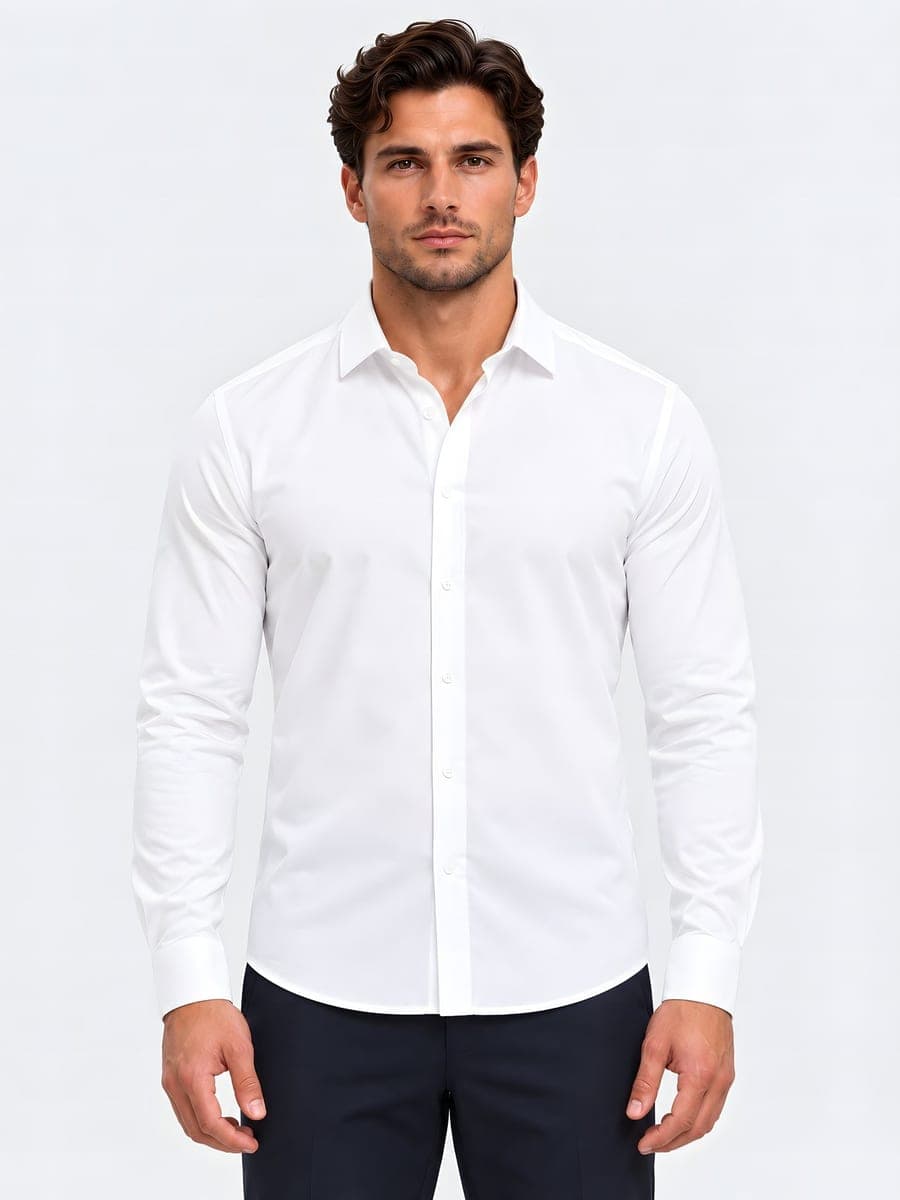 Wit slim fit overhemd met button-down kraag, vooraanzicht