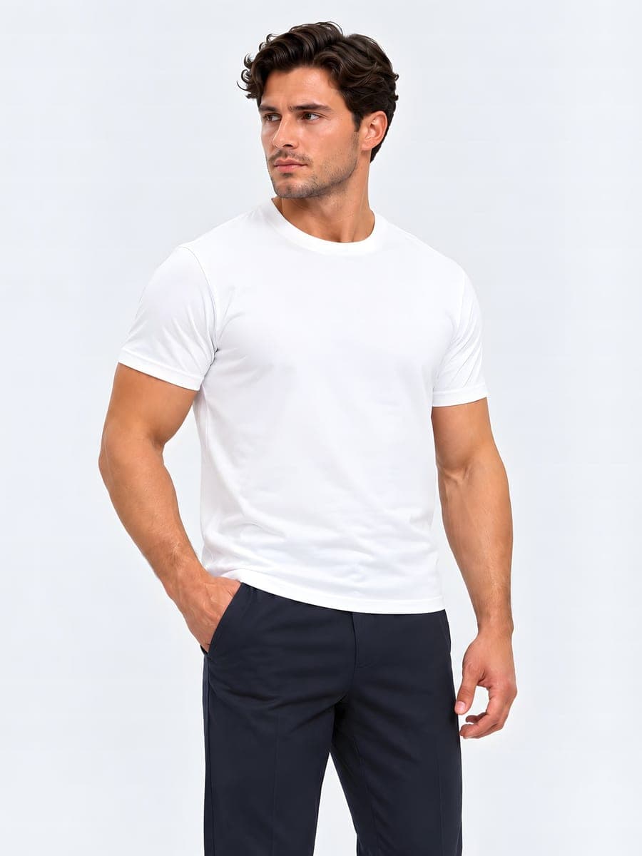 Slim fit T-shirt with a high crew neck in white, worn with a hand in the pocket
