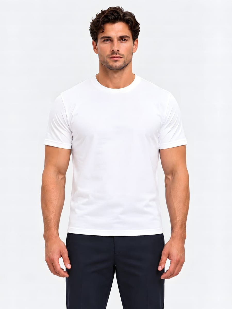 Slim fit T-shirt with a high crew neck in white, front view