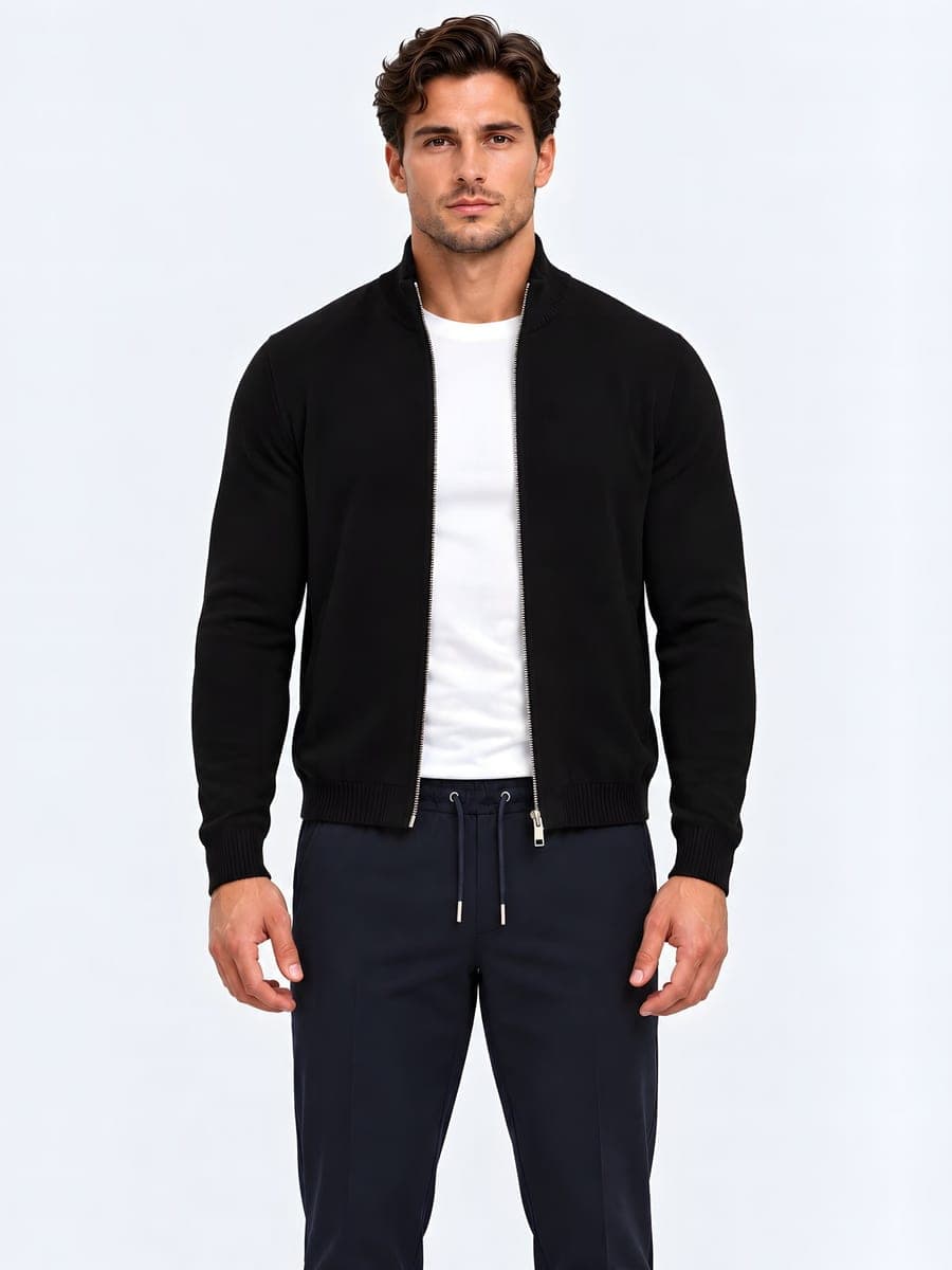 Fitted knitted zip cardigan in black, front view
