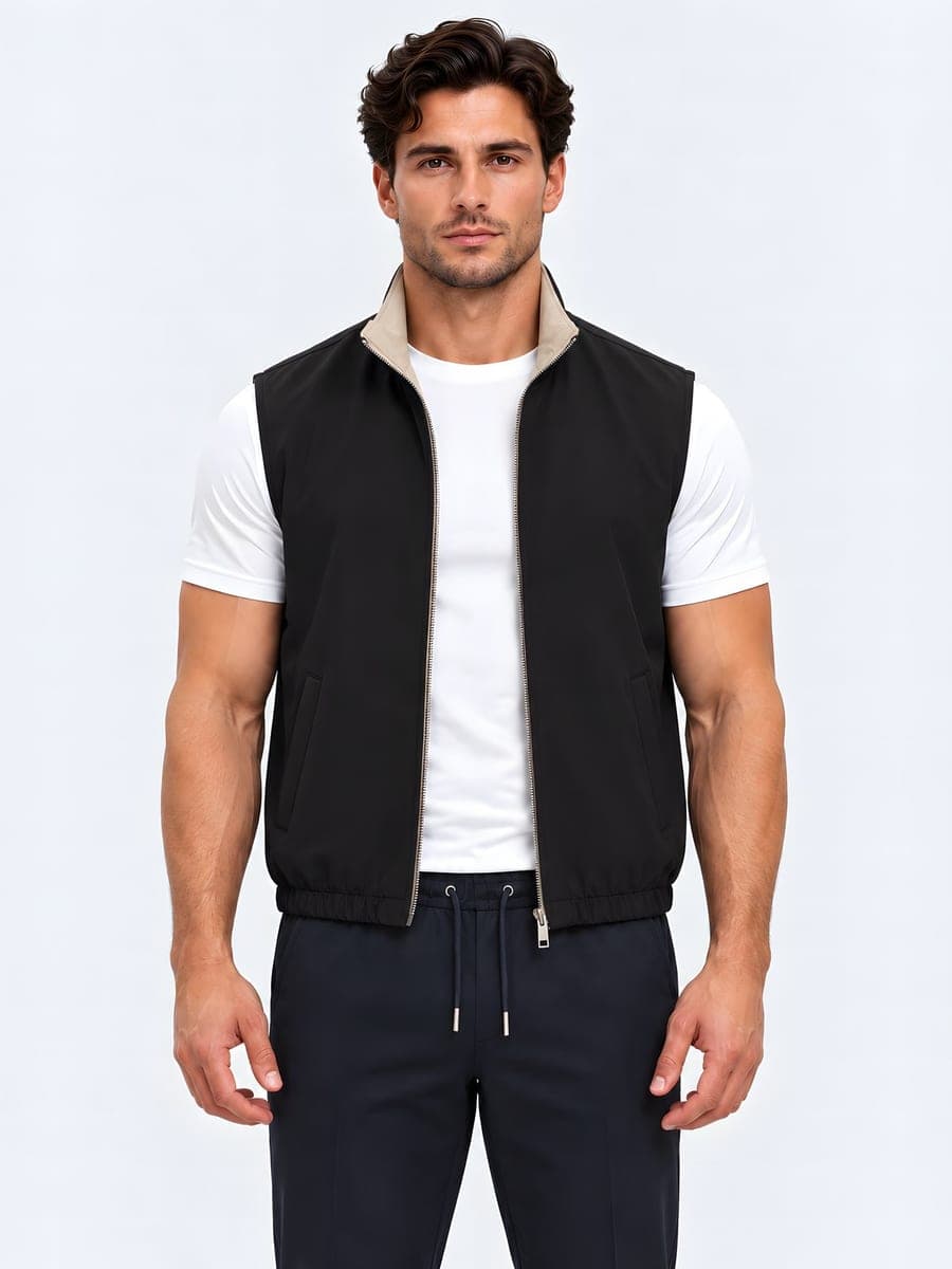 Zwart-beige omkeerbare bodywarmer, vooraanzicht