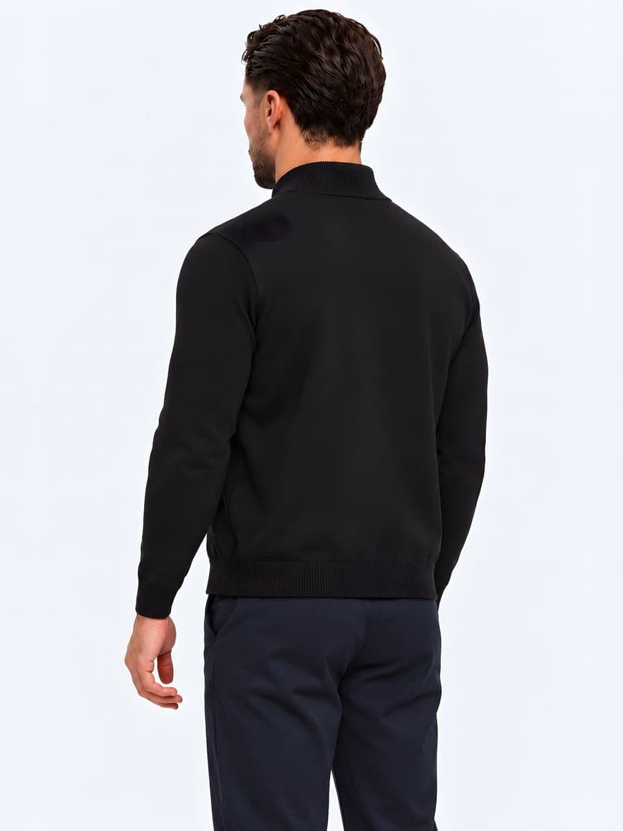 Fine knit zip cardigan with a stand collar in black, back view