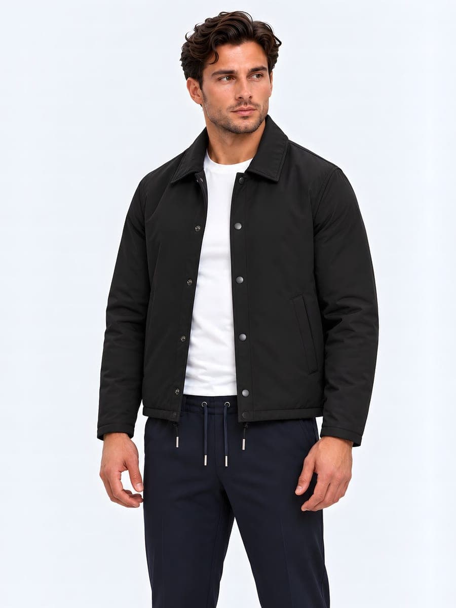 Lined overshirt jacket in black, angled front view