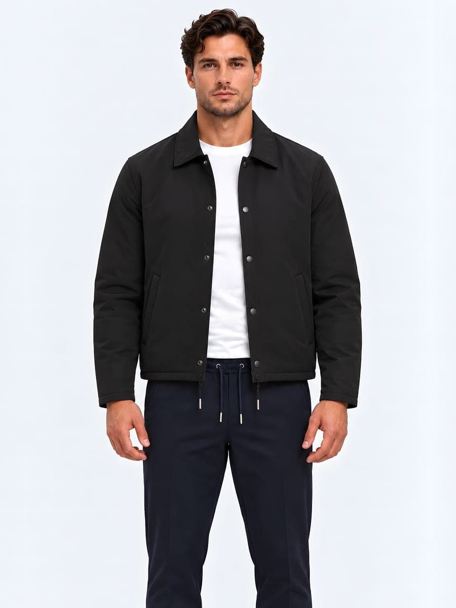 Lined overshirt jacket in black, front view
