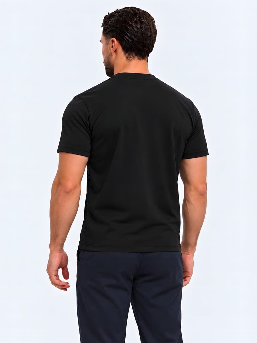 Zwart glanzend T-shirt van polyester, achteraanzicht