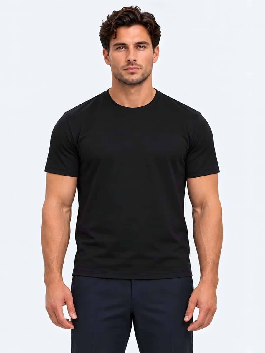 Glossy polyester T-shirt in black, front view