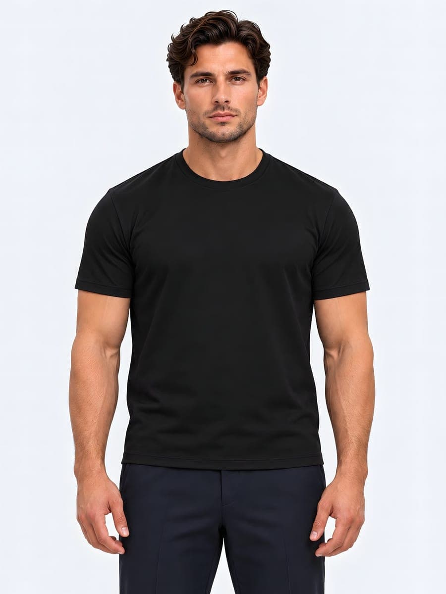 Zwart glanzend T-shirt van polyester, vooraanzicht