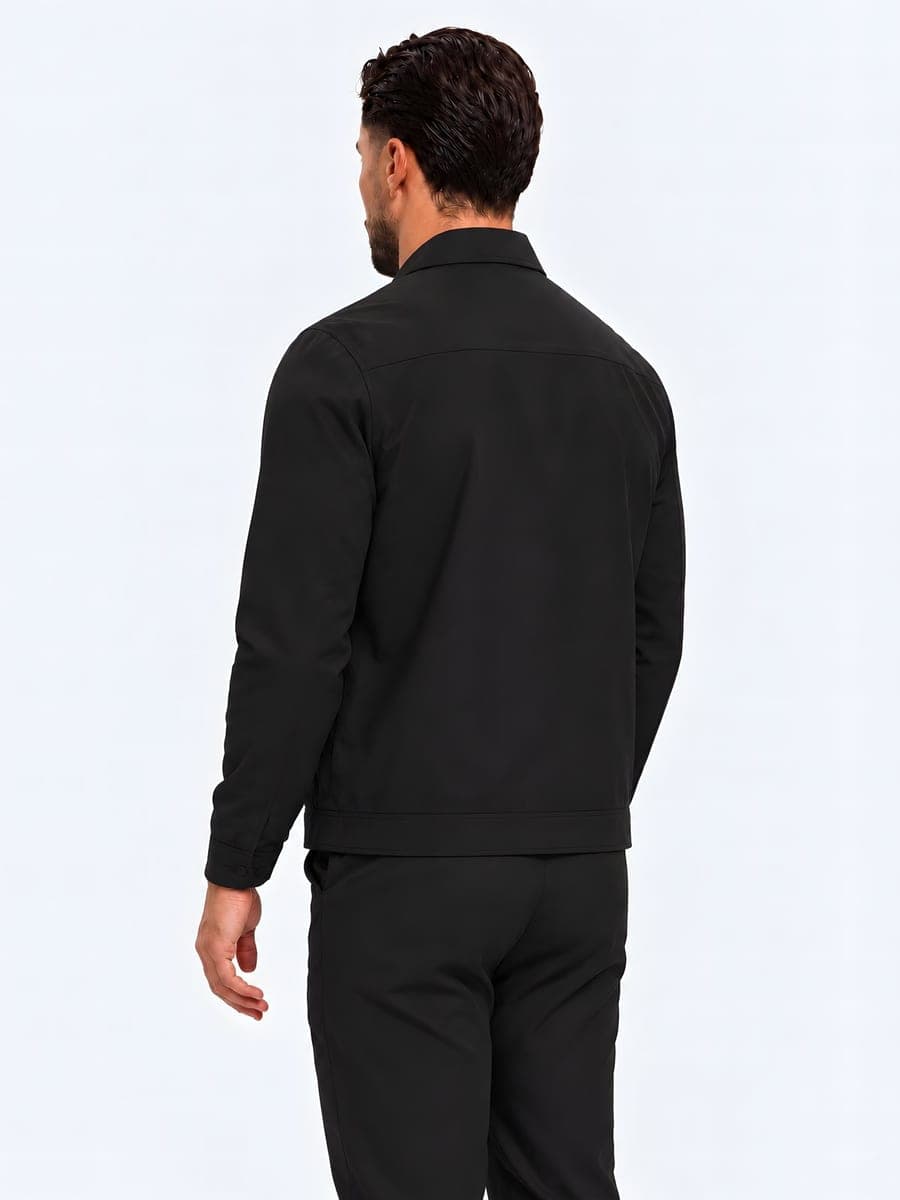 Cotton linen jacket with collar in black, back view