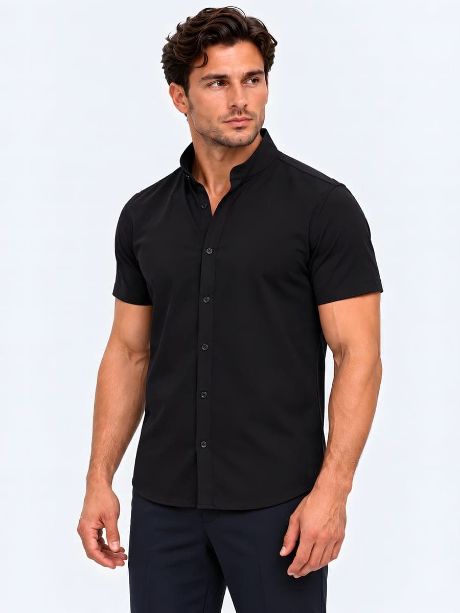 Cotton stand collar shirt, short sleeve in black, angled front view