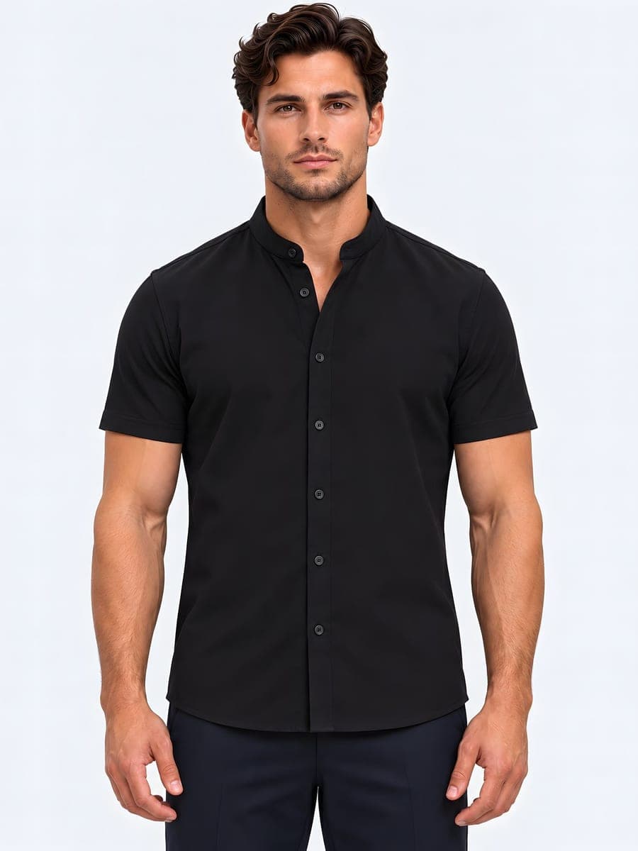 Cotton stand collar shirt, short sleeve in black, front view