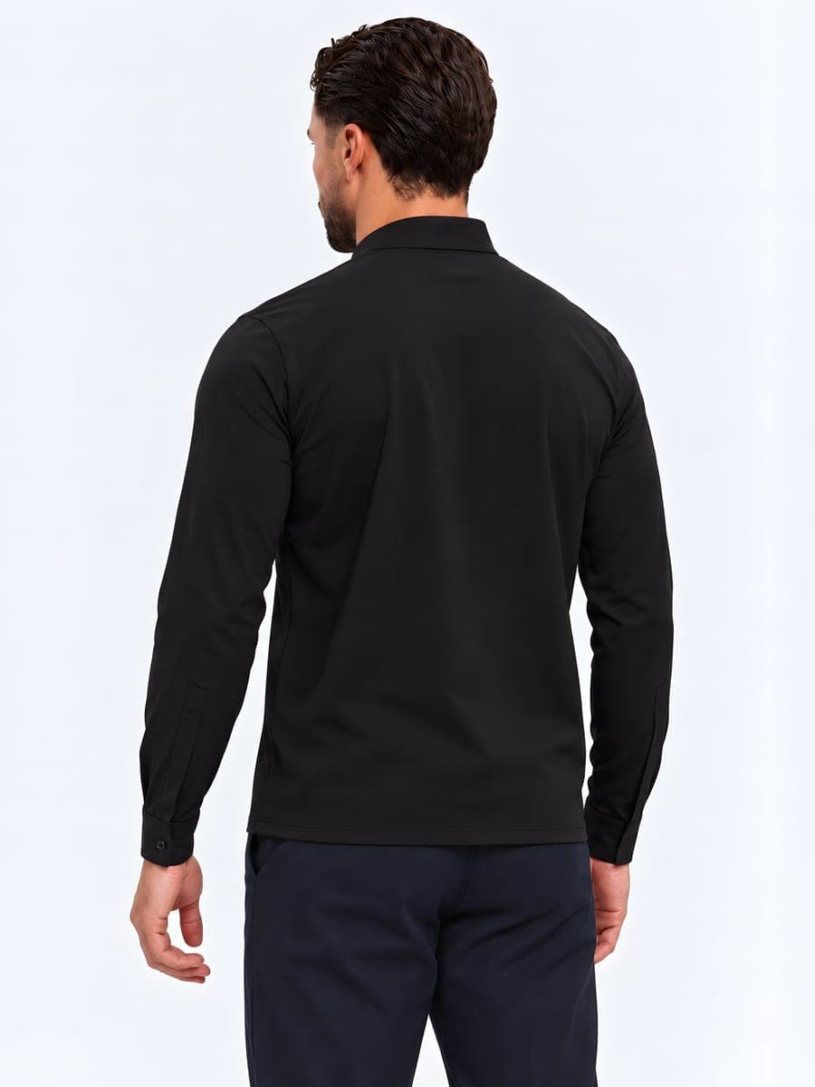 Cotton stand collar shirt, long sleeve in black, back view