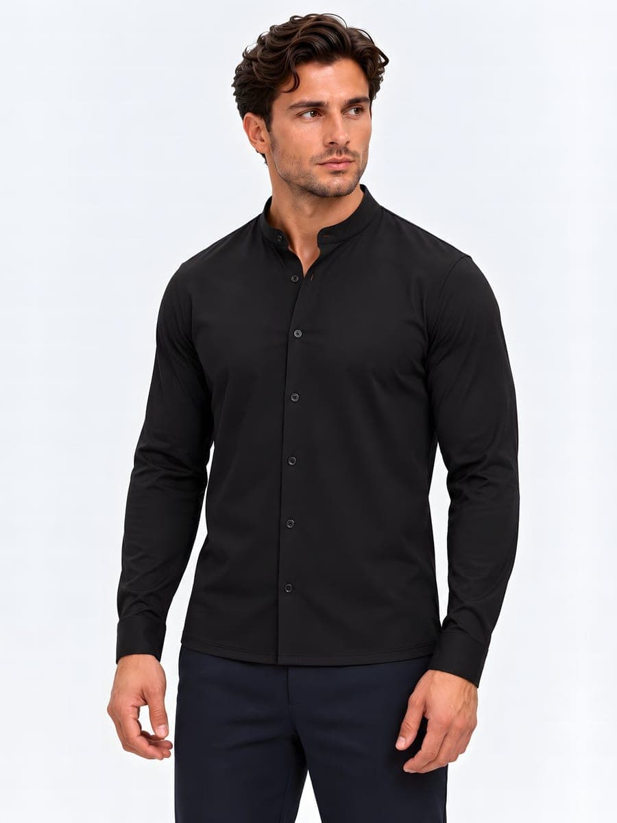 Cotton stand collar shirt, long sleeve in black, angled front view
