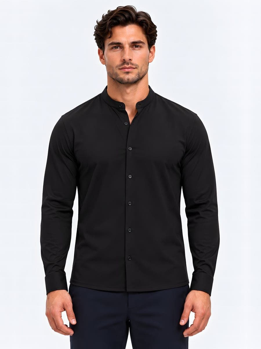 Cotton stand collar shirt, long sleeve in black, front view