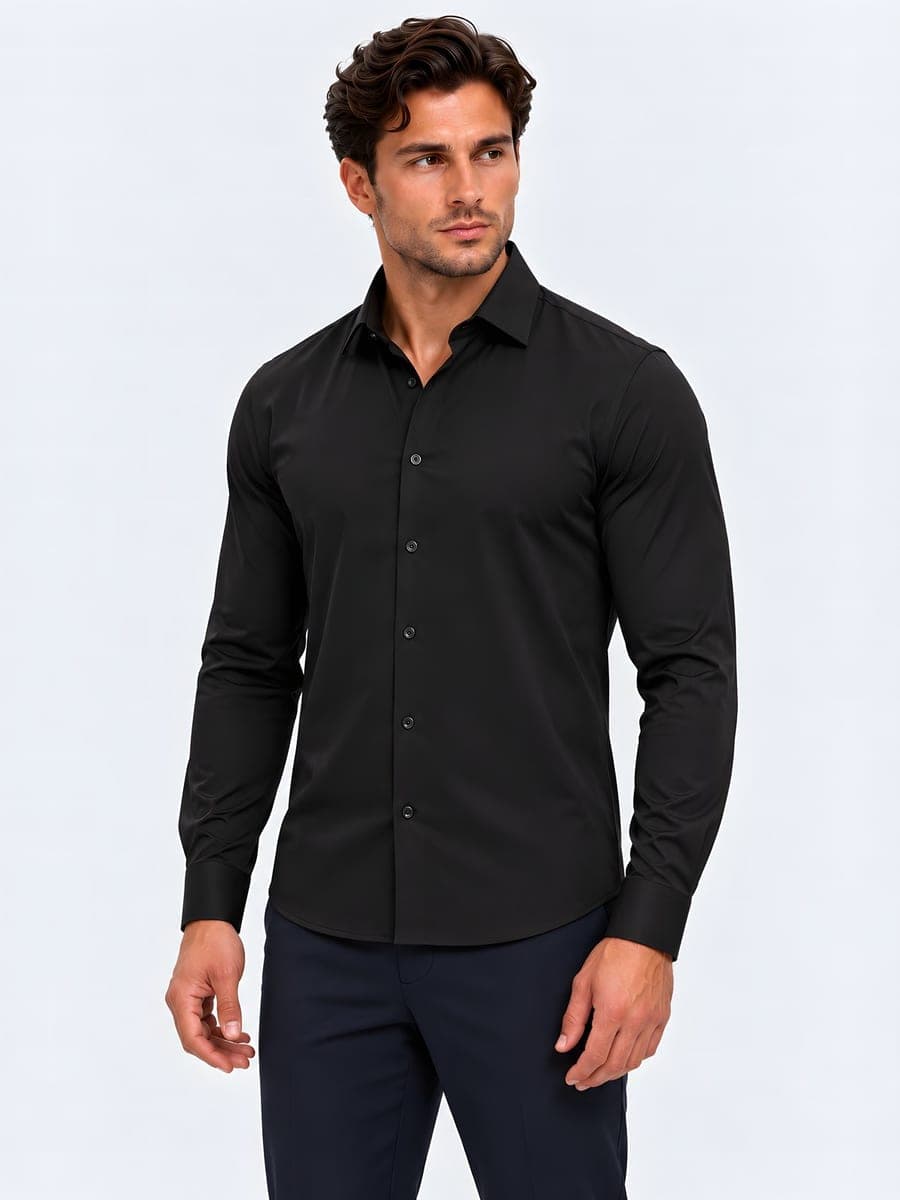 Shirt with a classic collar in black, angled front view