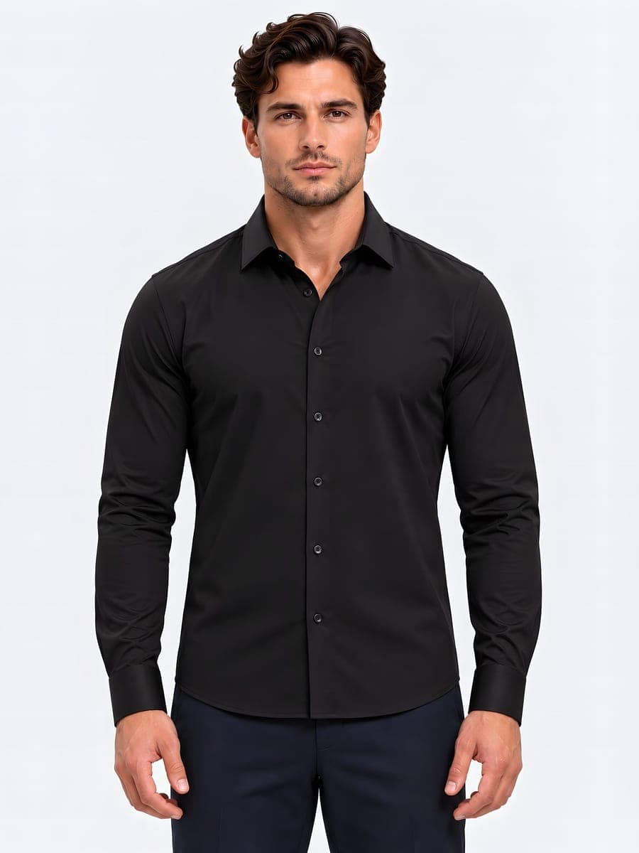 Shirt with a classic collar in black, front view
