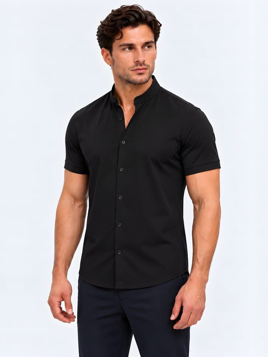 Shirt with a mandarin collar in black, angled front view