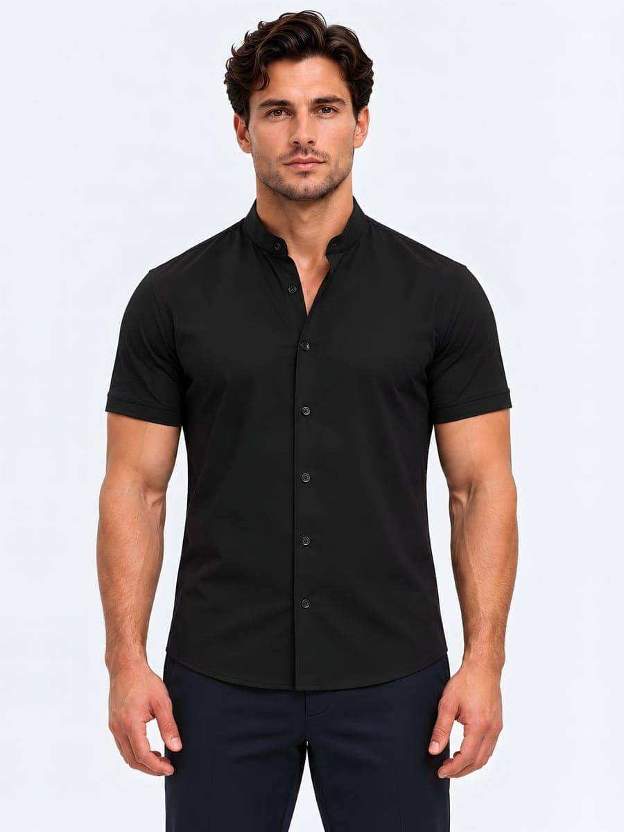 Shirt with a mandarin collar in black, front view