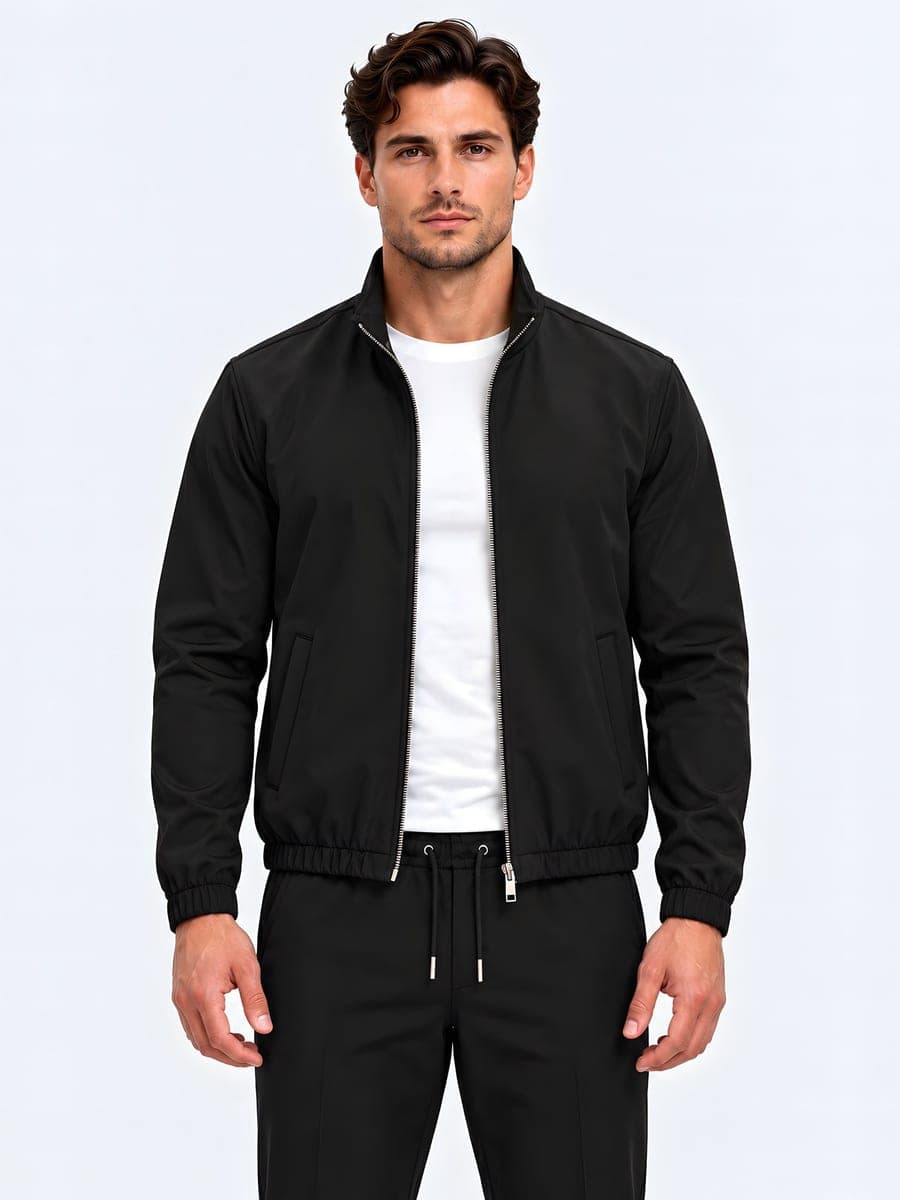 Zwart polyester jack met tweewegrits, vooraanzicht