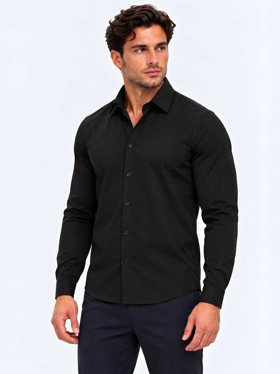 Slim fit button-down shirt in black, angled front view