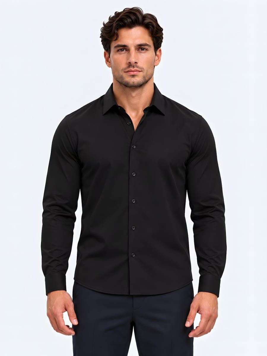 Zwart slim fit overhemd met button-down kraag, vooraanzicht