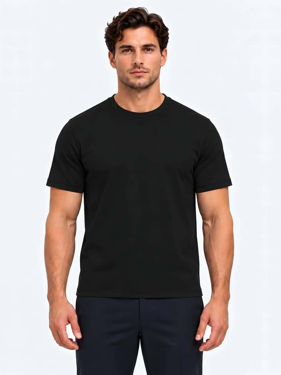 Slim fit T-shirt with a high crew neck in black, front view