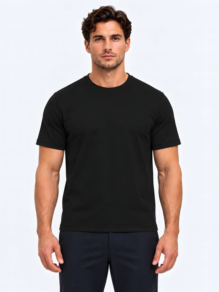 Zwart slim fit T-shirt met hoge ronde hals, vooraanzicht