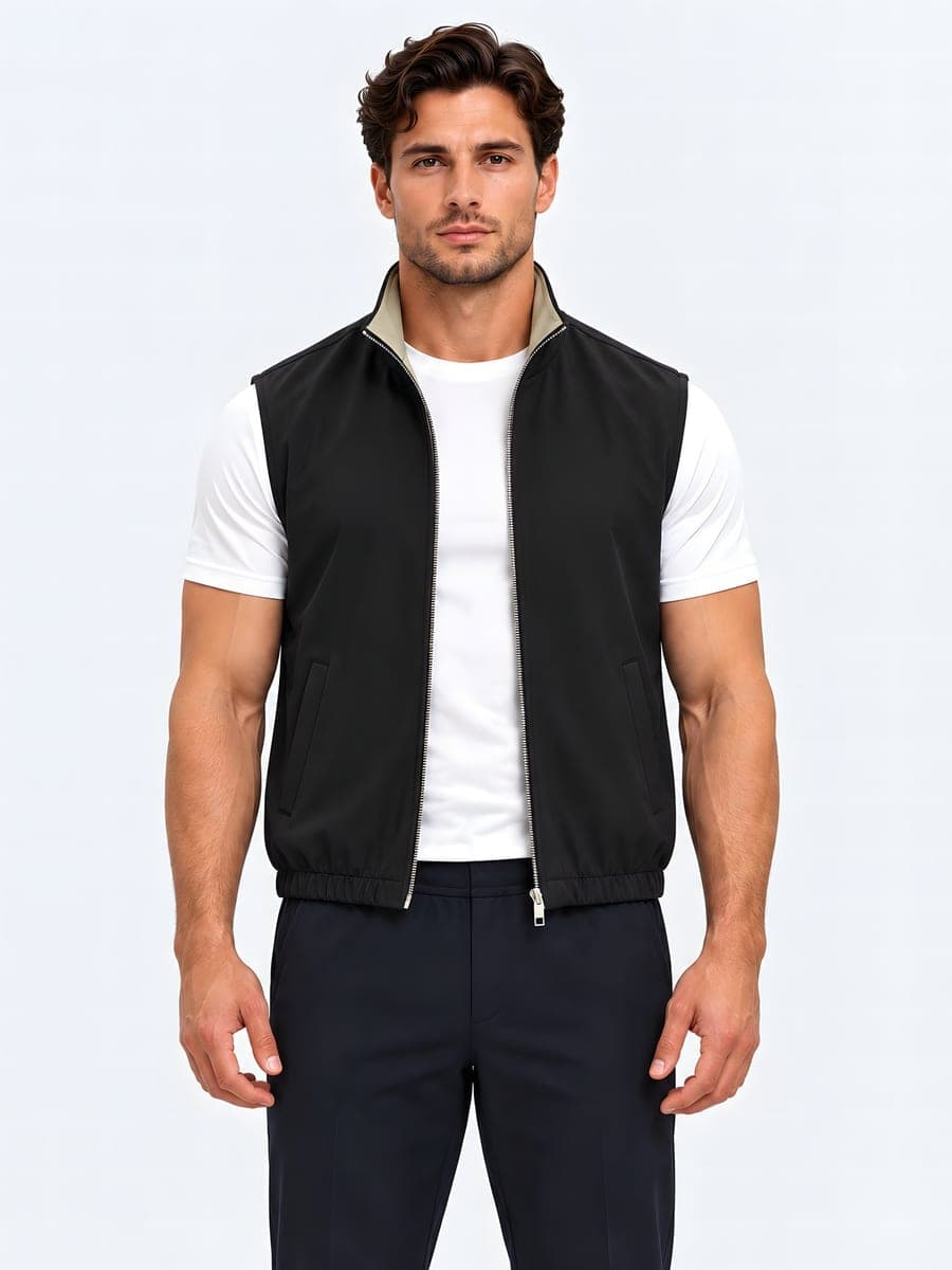 Zwart-zand omkeerbare bodywarmer met metalen rits, vooraanzicht
