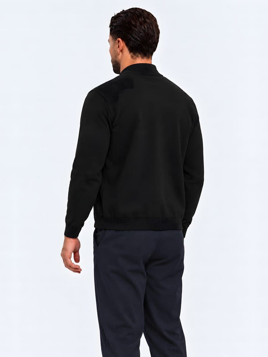 Heavy cotton zip cardigan in black, back view