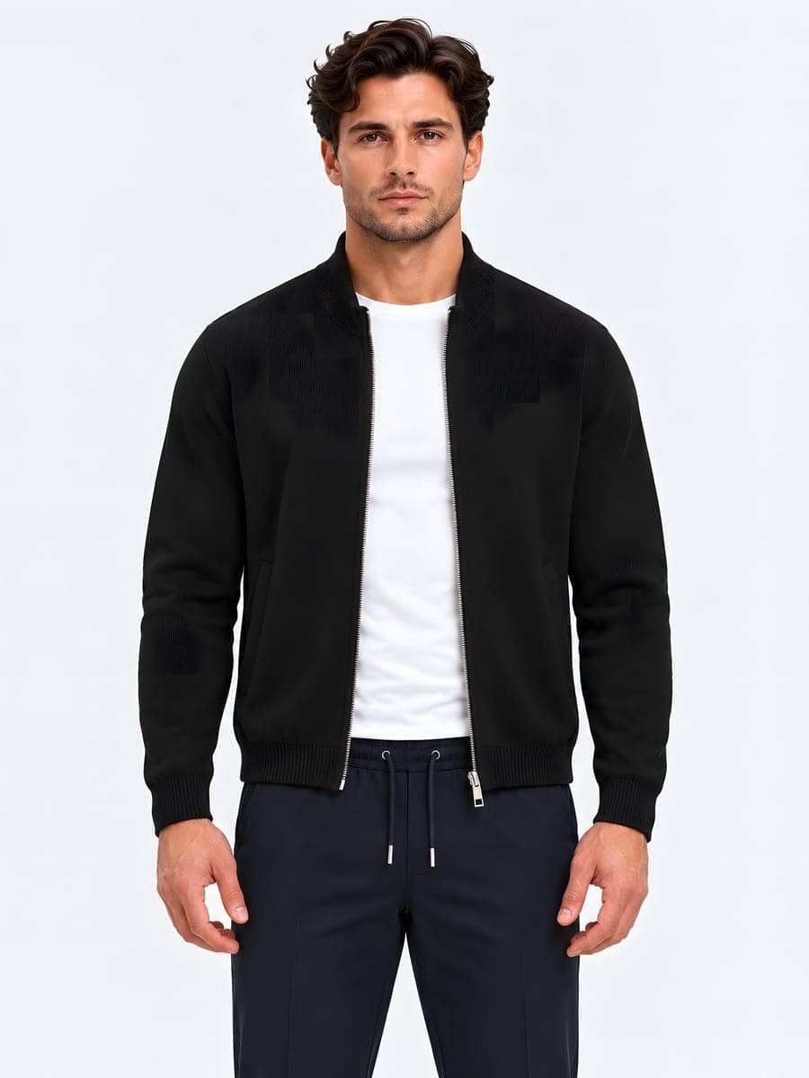 Heavy cotton zip cardigan in black, front view