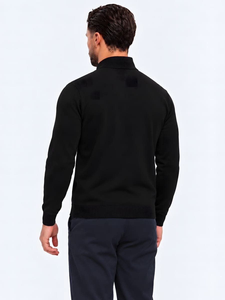 Fitted knit with a short zip in black, back view