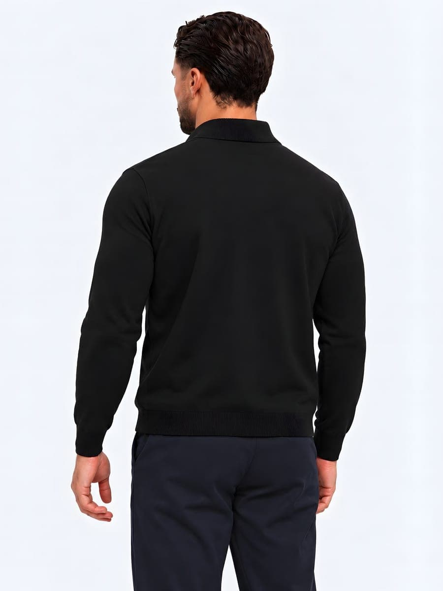 Zwarte gebreide polo longsleeve met open kraag, achteraanzicht