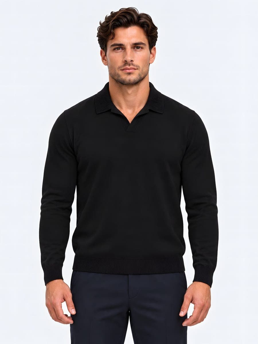 Zwarte gebreide polo longsleeve met open kraag, vooraanzicht